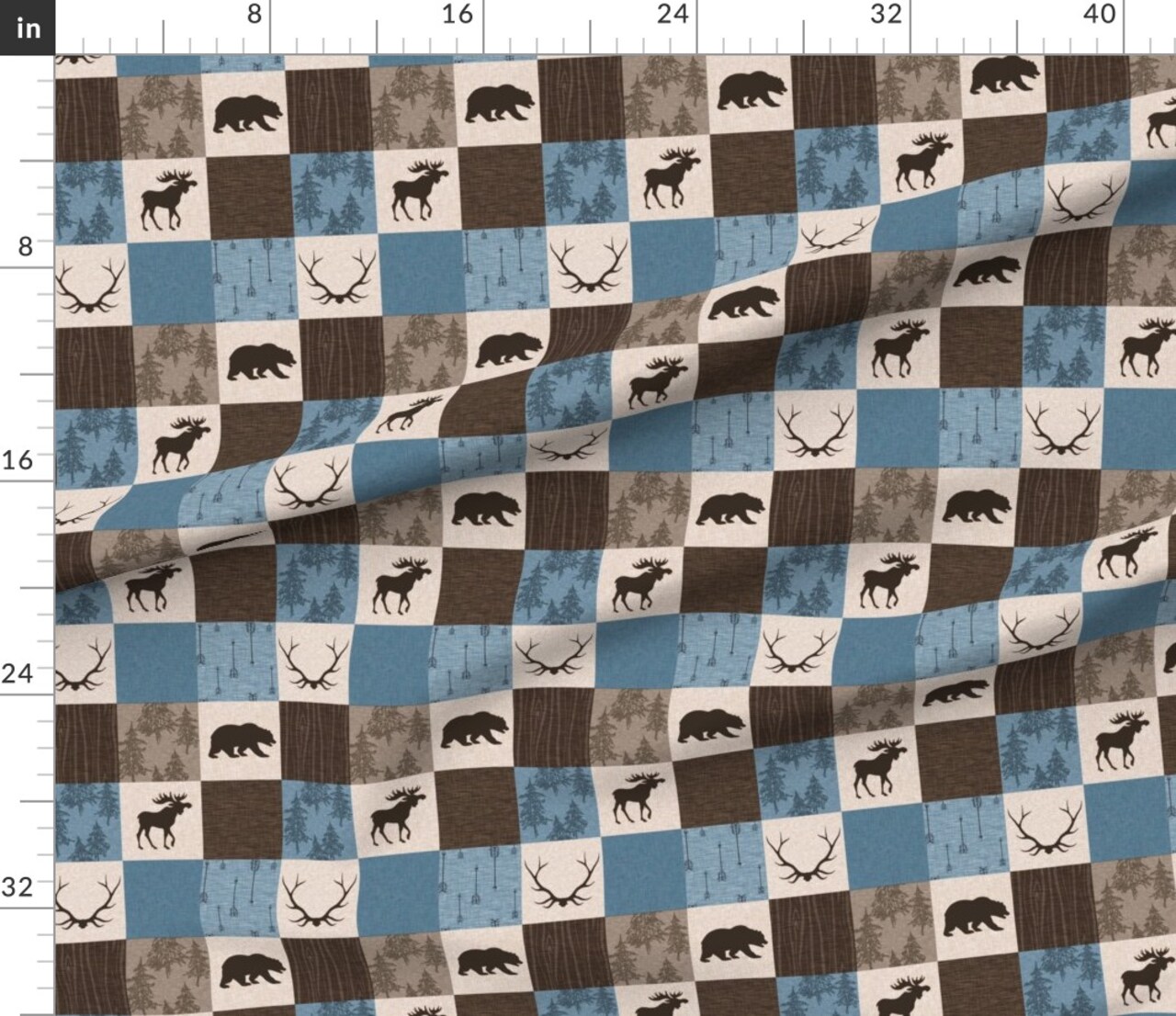Brown Woodland Bears Patchwork Moose Antlers Wildlife Cabincore Tree Arrows Cheater Quilt Nature Cabin Custom Printed Fabric by Spoonflower Various Fabrics by the Yard or Fat Quarter